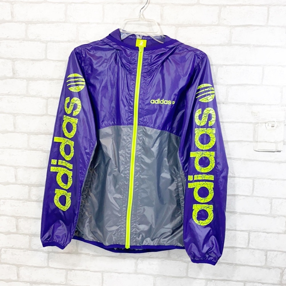 Adidas neo label purple/lime green logo crackling windbreaker jacket size small